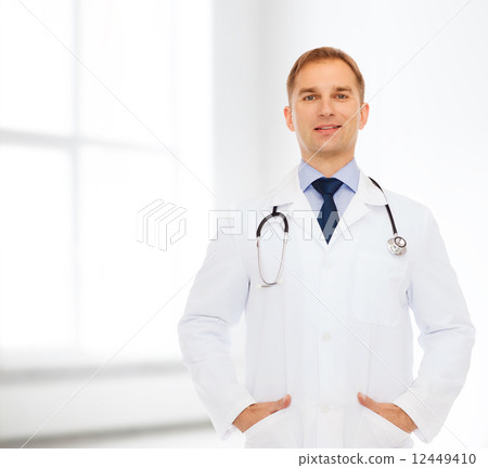 smiling male doctor in white coat with stethoscope 12449410