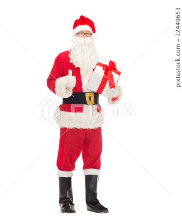 man in costume of santa claus with gift box 12449653