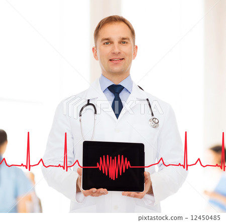 smiling male doctor with stethoscope and tablet pc 12450485
