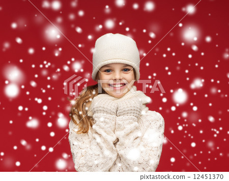 smiling girl in white hat, muffler and gloves 12451370