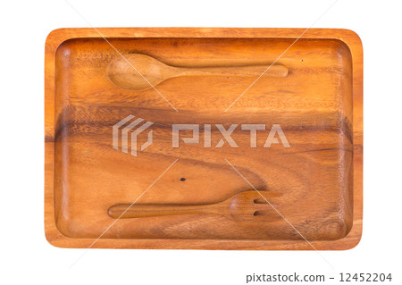 Wooden plate with spoon and fork isolated on white background Wooden plate with spoon and fork isolated on white background 12452204
