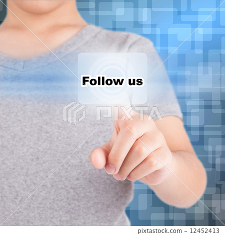 hand finger touching word follow us on a touch screen. hand finger touching word follow us on a touch screen. 12452413