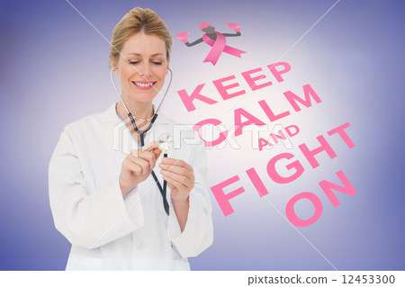 Composite image of blonde doctor listening with stethoscope 12453300