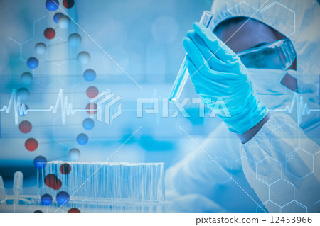 Composite image of protected scientist looking at a dangerous li 12453966