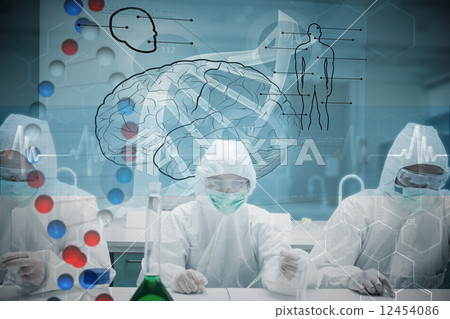 Composite image of chemists working in protective suit with futu 12454086