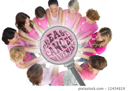 Composite image of cheerful women joined in a circle wearing pin Composite image of cheerful women joined in a circle wearing pin 12454819