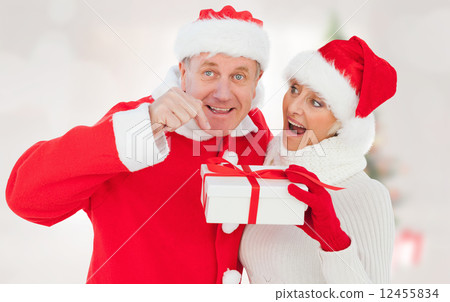 Composite image of festive mature couple holding gift Composite image of festive mature couple holding gift 12455834