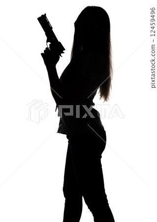 Silhouette of young woman with gun 12459496