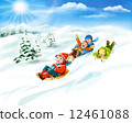 Happy kids sledding, winter fun - snow and friends. Digital illustration. Copy space 12461088