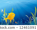 Gold fish in sea or aquarium, underwater life, seaweeds. Vector illustration 12461091