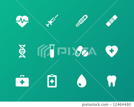Medical icons on green background. 12464480
