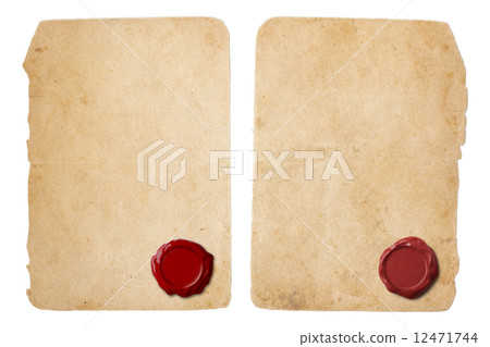 Old parchment letter set with red wax seal 12471744