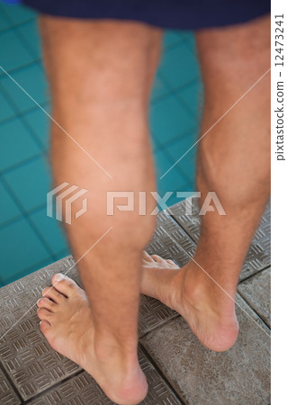 Close up low section of swimmer standing by pool 12473241