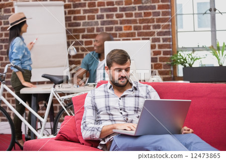Man using laptop on couch in office 12473865
