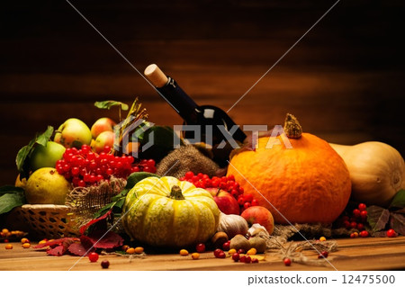 Thanksgiving day autumnal still life with bottle of wine 12475500