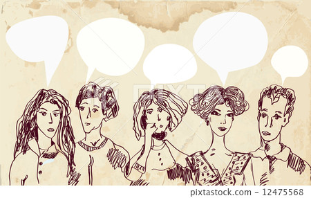Banner with people and speech bubbles - hand drawn 12475568