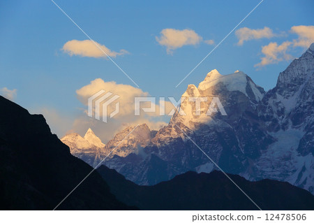 sunset in the mountains Himalayas, Thamserku, Kantaiga, Nepal 12478506