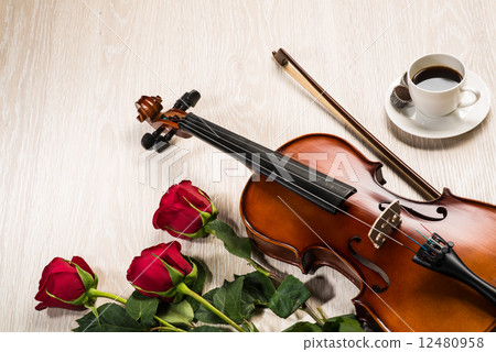 Violin, rose, coffee and music books Violin, rose, coffee and music books 12480958
