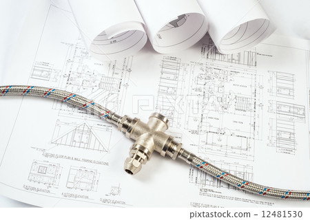 plumbing and drawings, construction still life plumbing and drawings, construction still life 12481530