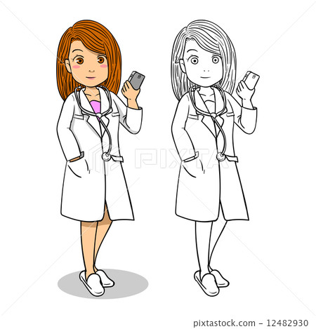 vector doodle character with line art for coloring book title "Doctor hold smart phone in hand" 12482930