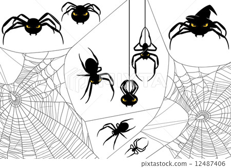 Stock Illustration: Halloween spider design set - monster arachnids among spiderweb vector silhouettes