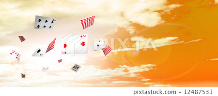 Scattered multiple playing cards Evening scenery Sunset backlight illustration cg 12487531