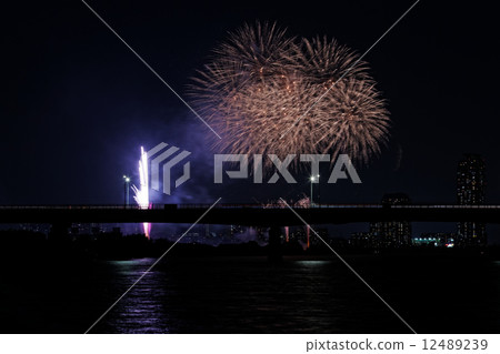 煙花和景觀在河上反映出來 煙花和景觀在河上反映出來 12489239