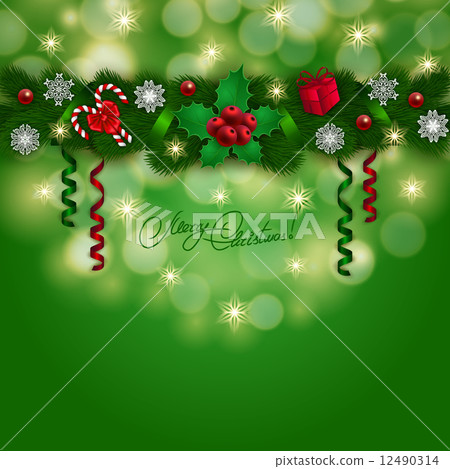 New Year's background - a garland of fir branches, balls, berries 12490314
