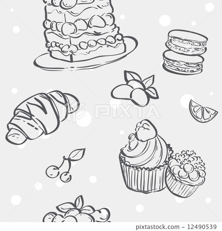 Seamless texture with different baking croissants, cakes, cookies, meringue Seamless texture with different baking croissants, cakes, cookies, meringue 12490539