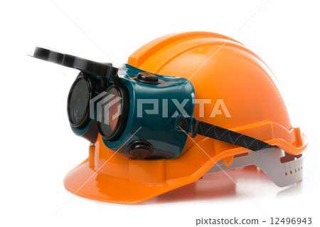 Safety hat and goggles glasses isolated 12496943
