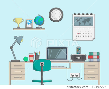Desk with computer in office room 12497223