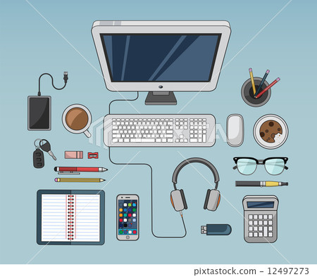 Desk with computer and other accessories vector 12497273