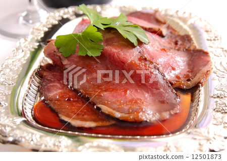 Roast beef meat dish buffet White background Roast beef meat dish buffet White background 12501873