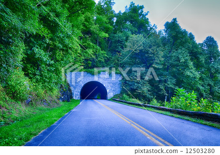 tunnel through mountains on blue ridge parkway in the morning 12503280
