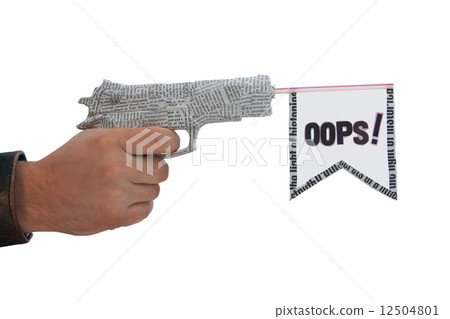 male hand with shoting newspaper pistol and flag on white backgr male hand with shoting newspaper pistol and flag on white backgr 12504801
