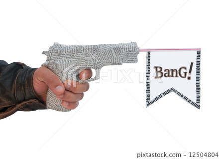 male hand with shoting newspaper pistol and flag on white backgr 12504804