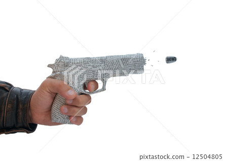 male hand with shoting newspaper pistol and bullet on white back 12504805