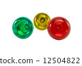 three multicoloured electric light bulbs on white background 12504822