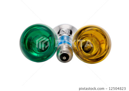 three multicoloured electric light bulbs on white background 12504823