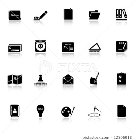Writing related icons with reflect on white background 12506918