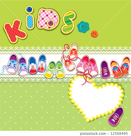 Card - children gumshoes, lace heart and word KIDS on green back 12508495