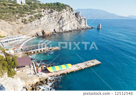 view of Parus (Sail) Rock and beach, Crimea 12512548