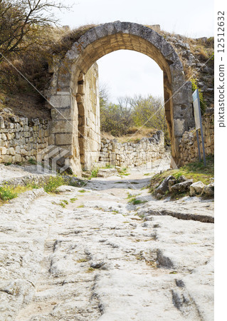 Gate on Middle wall of medieval town chufut-kale 12512632