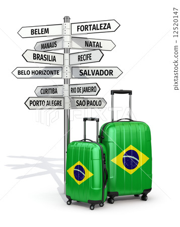 Travel concept. Suitcases and signpost what to visit in Brazil. 12520147