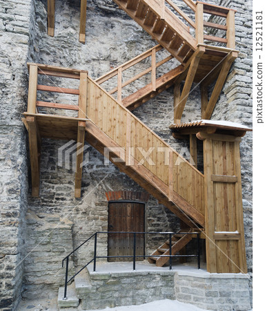 Wooden stairs the leader on a medieval city wall in Tallinn 12521181