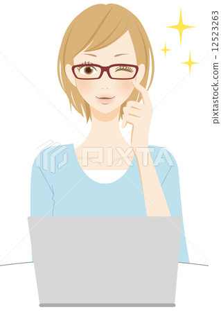 Smiling woman wink glasses doing PC operation 12523263