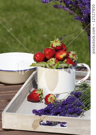 Strawberries and lavender on a tray Strawberries and lavender on a tray 12527950