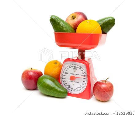 kitchen scales and fresh fruit on a white background kitchen scales and fresh fruit on a white background 12529033