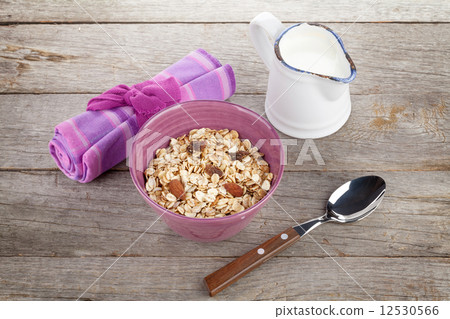 Healthy breakfast with muesli and milk Healthy breakfast with muesli and milk 12530566
