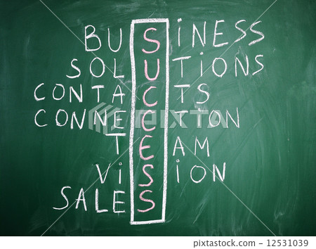 Success and other related words, handwritten in crossword on green blackboard.Business concept.  12531039